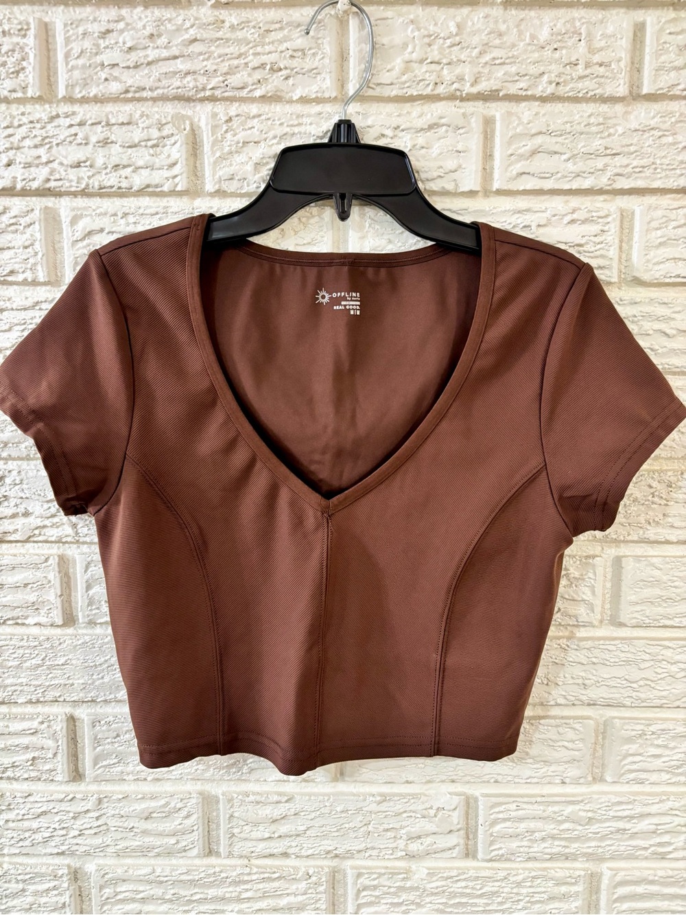 OFFLINE by Aerie Brown Solid V-Neck Cropped Short Sleeve Top Women's M